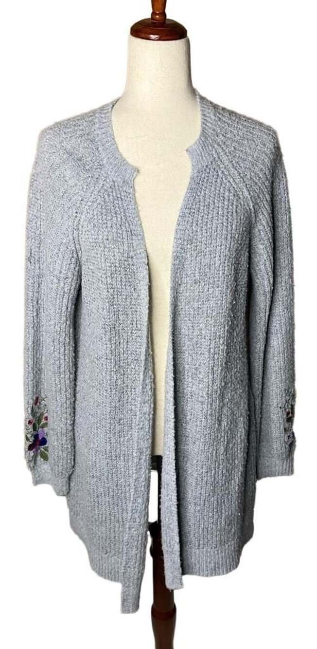 By Design Cardigan Size M Gray Embroidered Sleeve Open Front